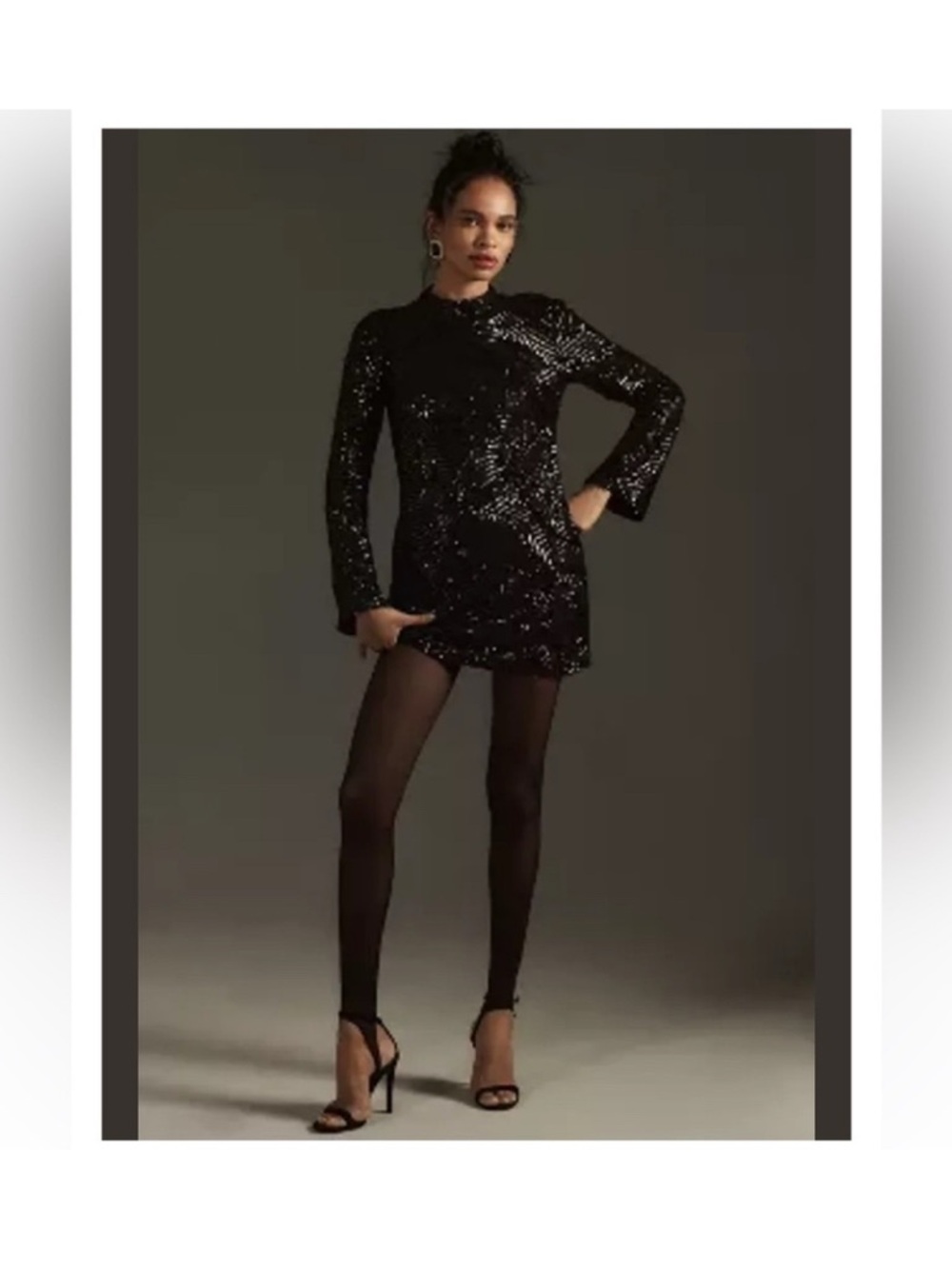 Maeve by Anthropologie Black Sequin Long-Sleeve Mini Dress
